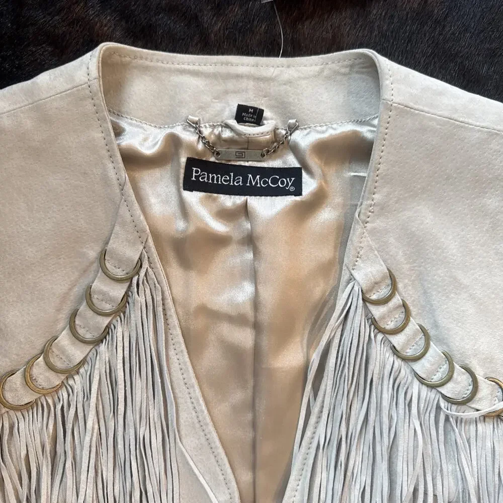Rare NWT VTG Pamela McCoy Suede Fringe Vest Boho Western Cowgirl Beige Medium